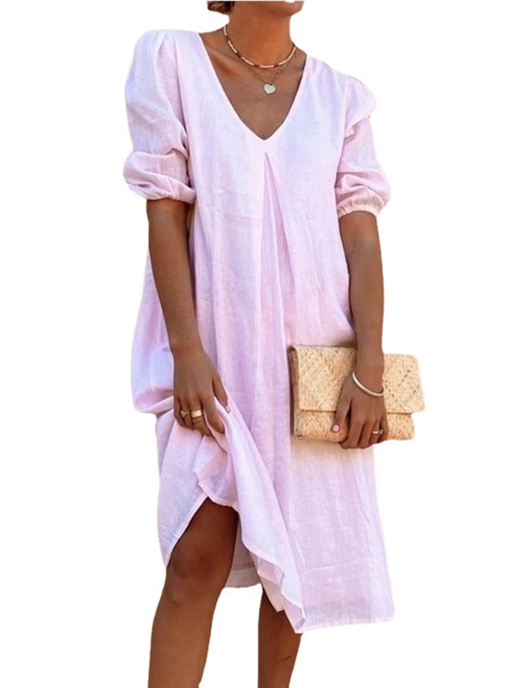 2022 Europe and the United States cross-border Amazon wish cotton and linen solid color fashion long sleeve long casual long dress