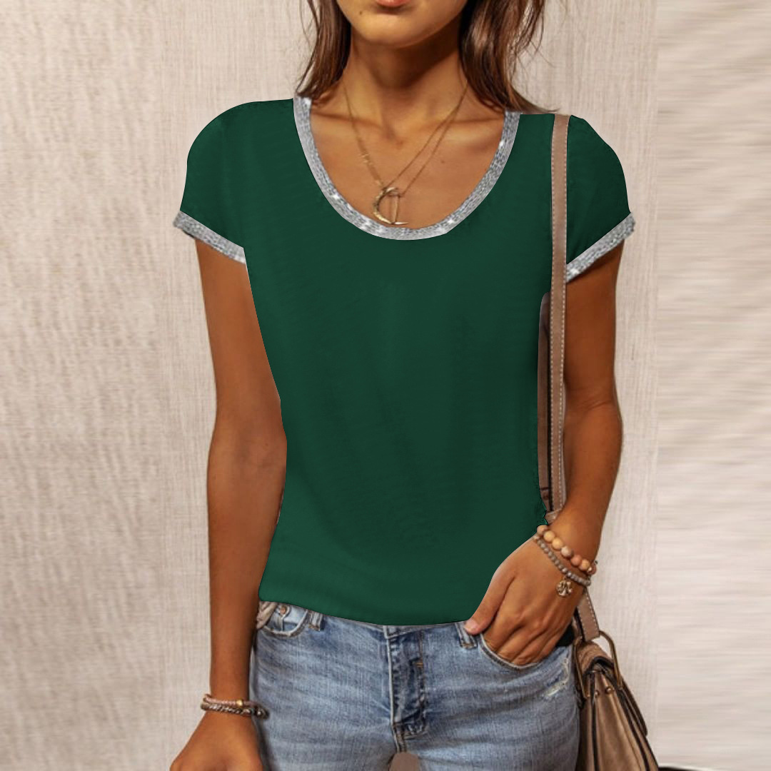 European and American trendy shiny collar T-shirt slim-fitting bottoming shirt Amazon summer contrasting color short-sleeved women's clothing