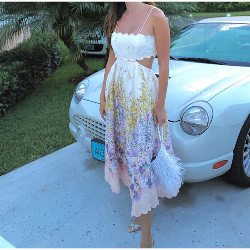 Fashion strap printed dress 2024 summer sleeveless slim ladies holiday A dress