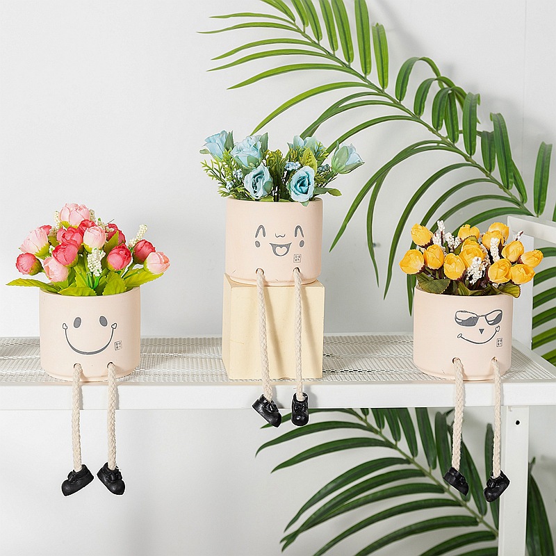 Creative Expression Hanging Feet Doll Ceramic Flower Pot Artificial Flower Potted Plant Green Plant Indoor Balcony Desktop Decoration Crafts