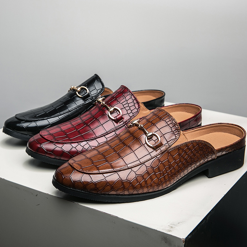 Summer 47 Large Size 48 Half Slippers Men's Shoes Crocodile Pattern Non-Slip British Lazy Shoes Casual Shoes Personalized Leather Shoes