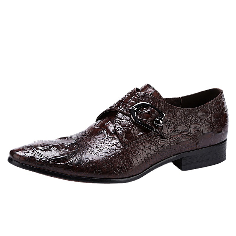 Crocodile pattern formal wear business leather shoes men's slip-on British first layer cowhide embossed buckle monk Monke shoes