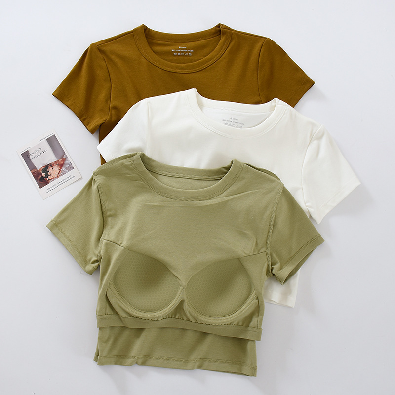 One-piece Navel-exposed Round Neck Short-sleeved Cup Base Shirt with Chest Pad Summer Short Women's Inner T-shirt without Steel Ring