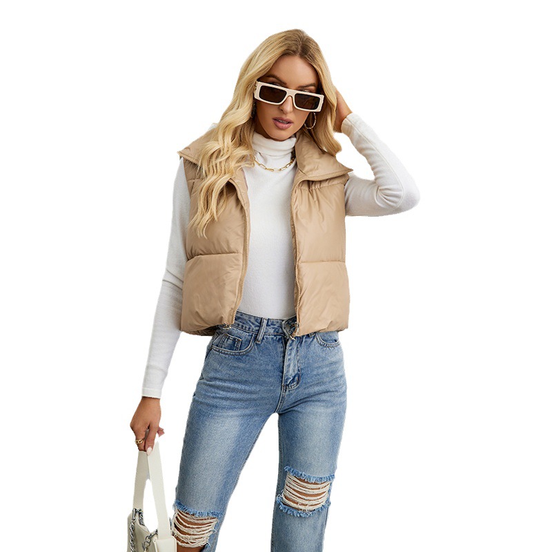 2024 autumn and winter new European and American style fashion short solid color down cotton vest slim high collar loose cotton vest