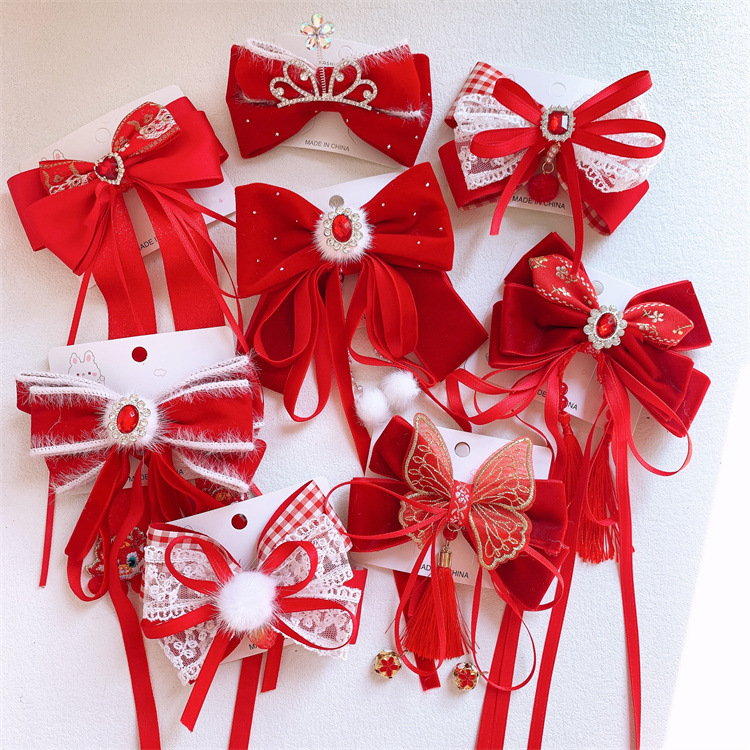 Children's New Year Red Butterfly Bow Ribbon Hair Clip for Little Girls, Princess Crown Top Hair Pin, Hair Decor for Girls in Hanfu