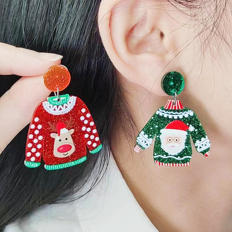 新しいアクリルセータークリスマスイヤリングピアス雪花サンタクロースクリスマスツリーシンプルなイヤリング女性|undefined