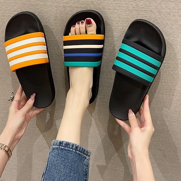 Classic striped couple slippers women's fashion brand three-line slippers plus size slippers men's soft bottom Korean style home fashion outerwear