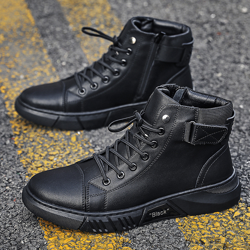 Genuine leather black men's boots 2022 Spring New High men's shoes Martins men's plus velvet boots tide a generation of hair