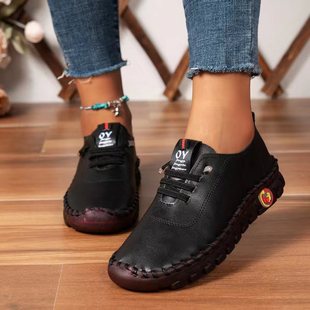 Real soft leather single-layer shoes comfortable flat lace-up mom shoes wide fat feet tendon bottom soft bottom soft surface middle-aged plus size women's shoes