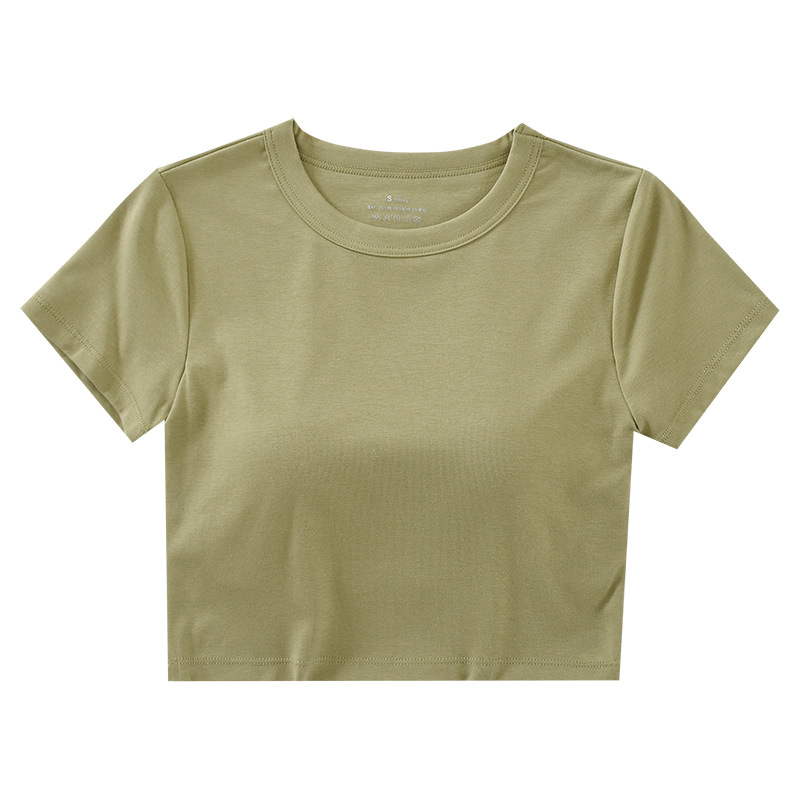 One-piece Navel-exposed Round Neck Short-sleeved Cup Base Shirt with Chest Pad Summer Short Women's Inner T-shirt without Steel Ring