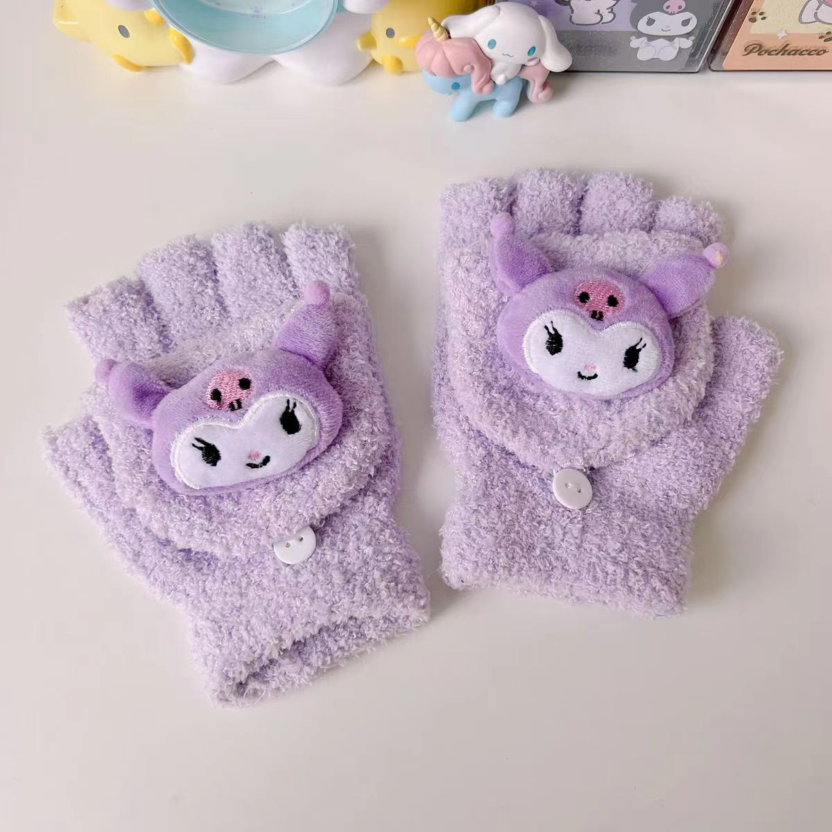 2023 new Sanrio Yugui dog flip children's gloves half finger winter warm five finger writing work factory batch