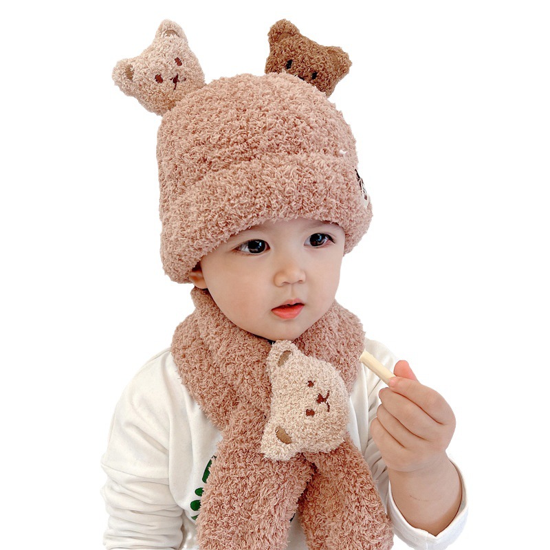 Double Bear Plush baby hat autumn and winter baby boys' scarf two-piece children girls' warm cute wool hat