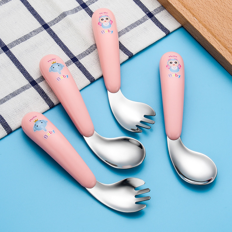 Factory direct Nordic three-color curved spoon Fork creative pattern set Children Baby curved spoon baby spoon wholesale
