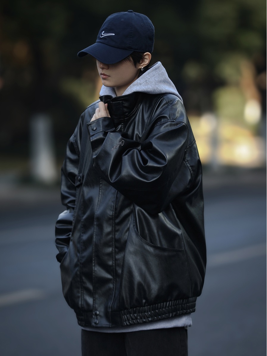 Spring and Autumn American Retro Aviator PU Leather Jacket Men's and Women's Duffy Handsome Fashionable Loose Collar Leather Jacket Top