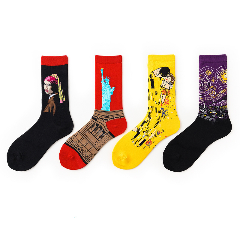 European and American Adult Fashionable Socks Men's Socks Women ins Mid-high Socks Amazon Foreign Trade Oil Painting Couple Socks