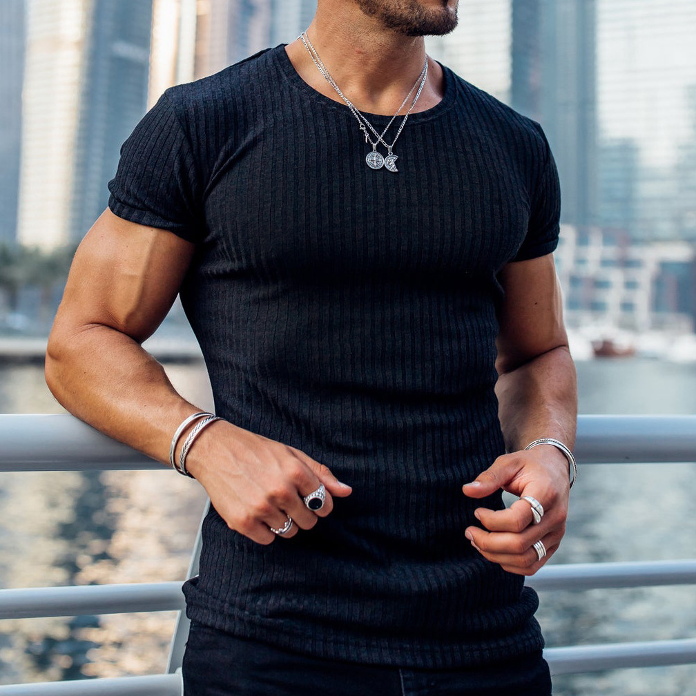 Europe and the United States cross-border foreign trade wish men's summer sports fitness leisure stand collar elastic vertical strip round neck short sleeve t-shirt
