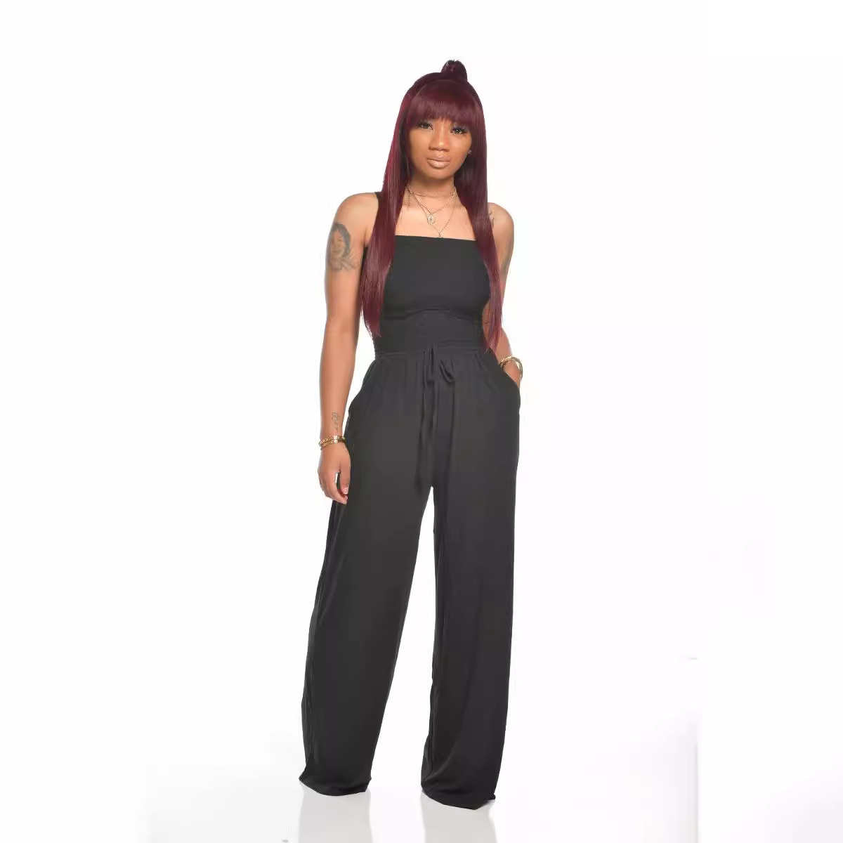 2023 Amazon cross-border new European and American women's casual flat shoulder wrapped chest wide leg jumpsuit