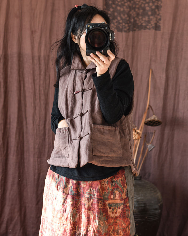 Simo/vêtements pour femmes en coton et lin faits maison gilet en coton à boucle en lin lavé au sable de haute qualité gilet en coton à enroulement rétro_voghion.com