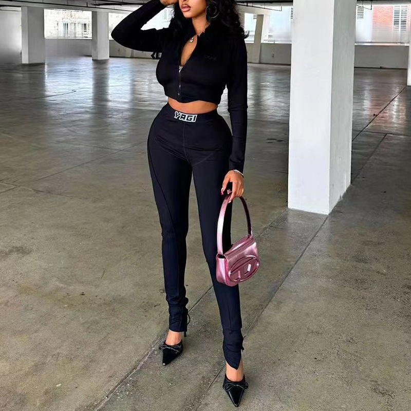 Long-sleeved knitted zipper top tight trousers two-piece suit European and American foreign trade women's clothing Amazon Africa hot sale