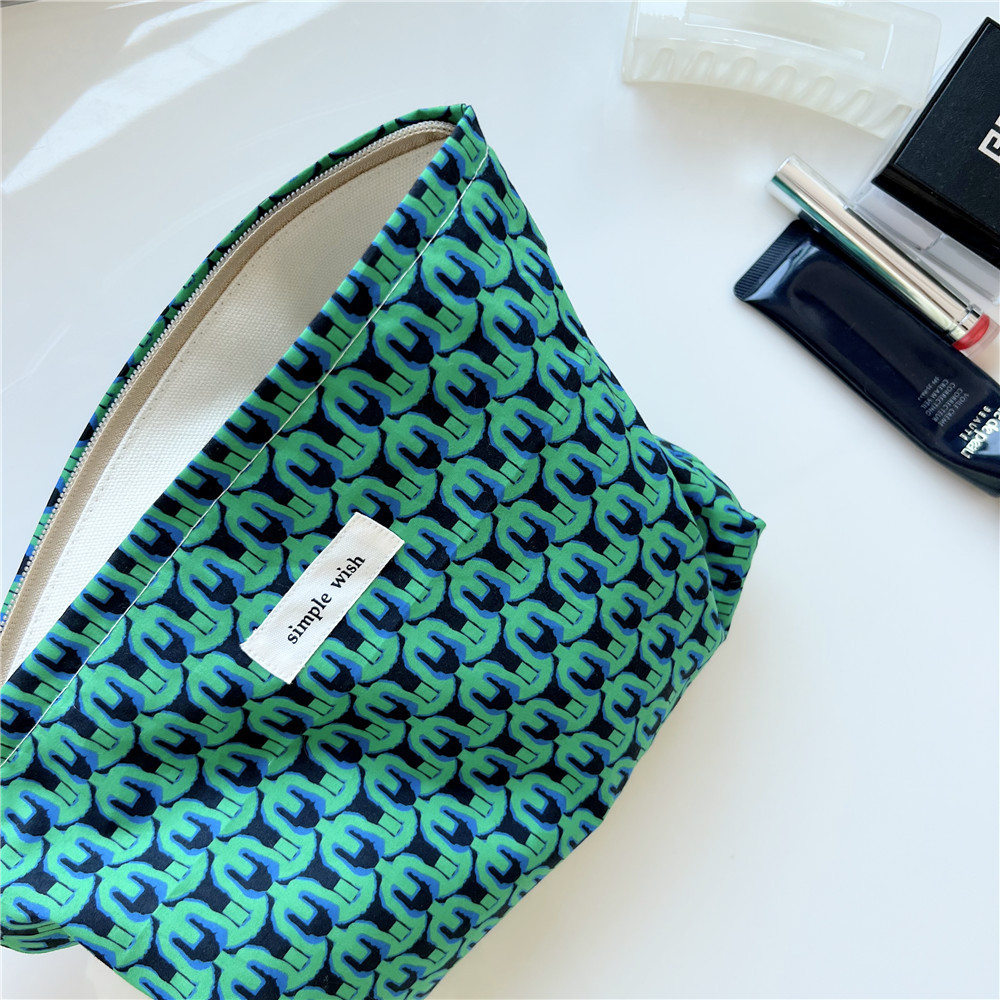 [Su Xi cloth bag] Retro Artistic Temperament Green Printed Cotton Cosmetic Bag Wash Protection Storage Zipper Bag