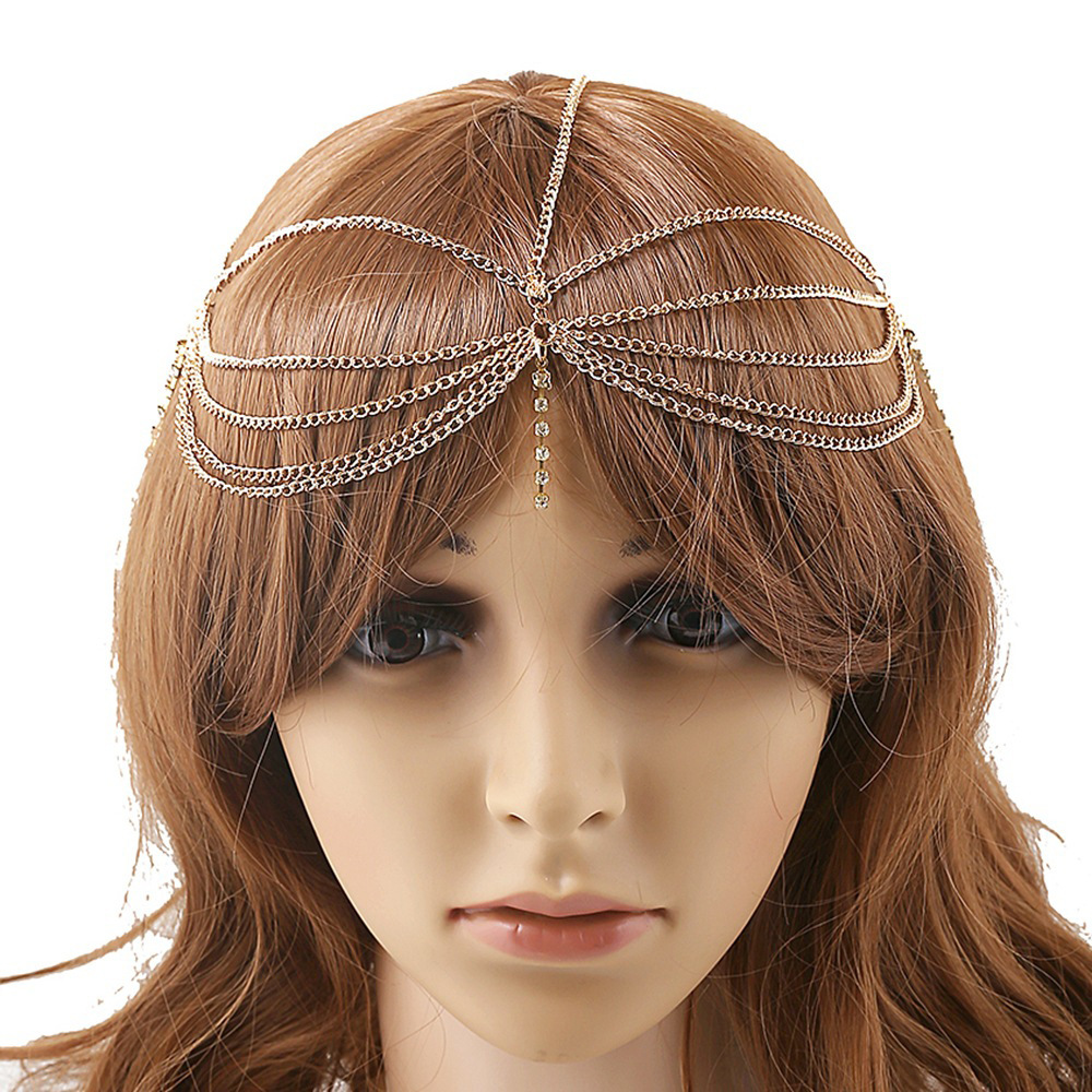 Cross-border European and American popular bohemian metal chain multi-layer tassel wave Diamond Strip pendant hair band ancient style headdress