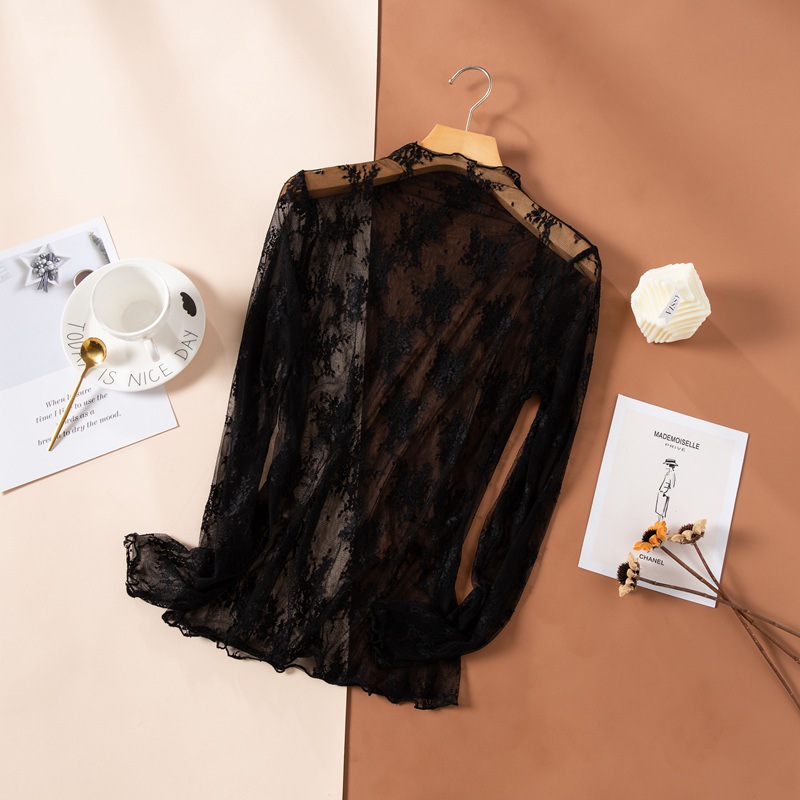 Spring and Autumn New High-end Lace Base Shirt Women's 2022 Western-style Hollow Long-sleeved Mesh Top Sexy Inner Shirt