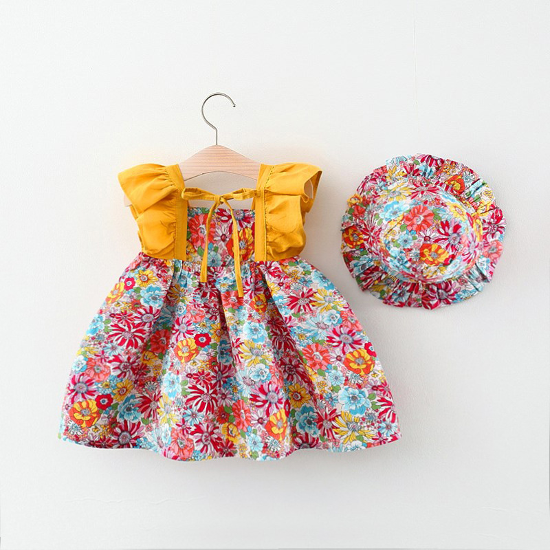 2023 Summer new floral flying sleeve dress girls flying sleeve small skirt to send the same hat live supply