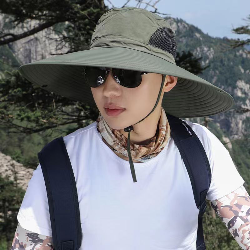 Sun Hat Men's Summer Outdoor Fishing Hat Sunscreen Hat Face-Covered Anti-UV Breathable 15cm Large Brim Fisherman Hat