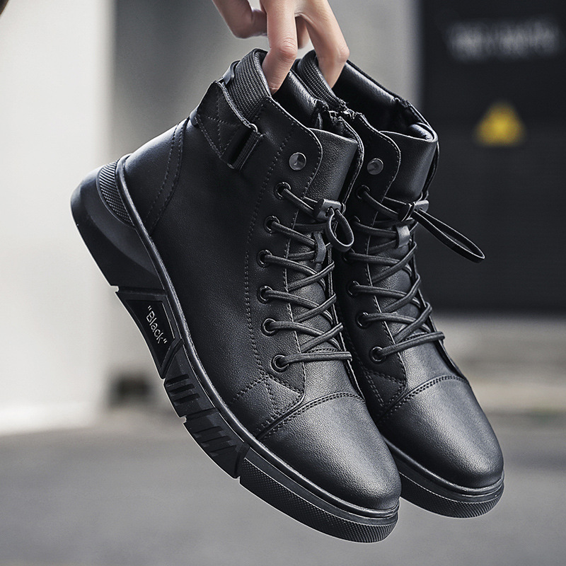 Genuine leather black men's boots 2022 Spring New High men's shoes Martins men's plus velvet boots tide a generation of hair