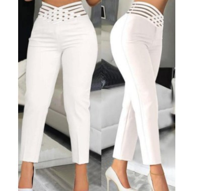 2023 European and American Foreign trade Women's Wear Ribbon hollow belt elegant commuter high waist casual solid color pencil cropped pants