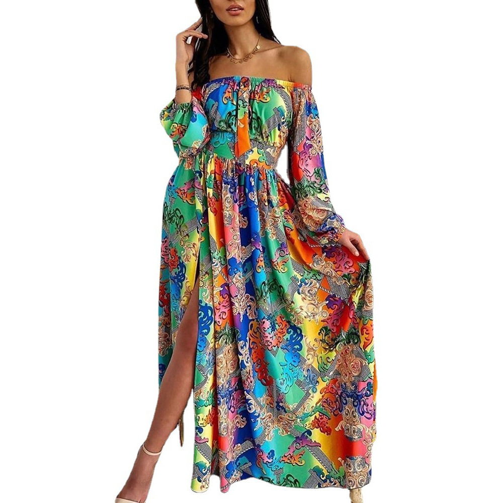 2025 Cross-border Summer Evening Gown European and American Print Dress One-shoulder Hooded Retro Long Sleeve Large Swing Opening Split Long Dress
