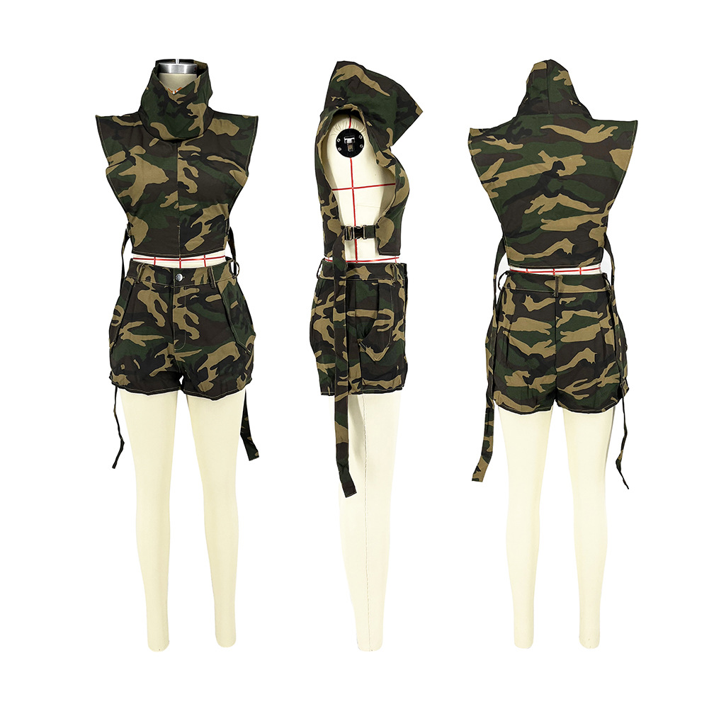 D88208 European and American Women's Clothing Amazon Independent Station Summer Fashion Camouflage Thick Cotton Pocket Shorts Set