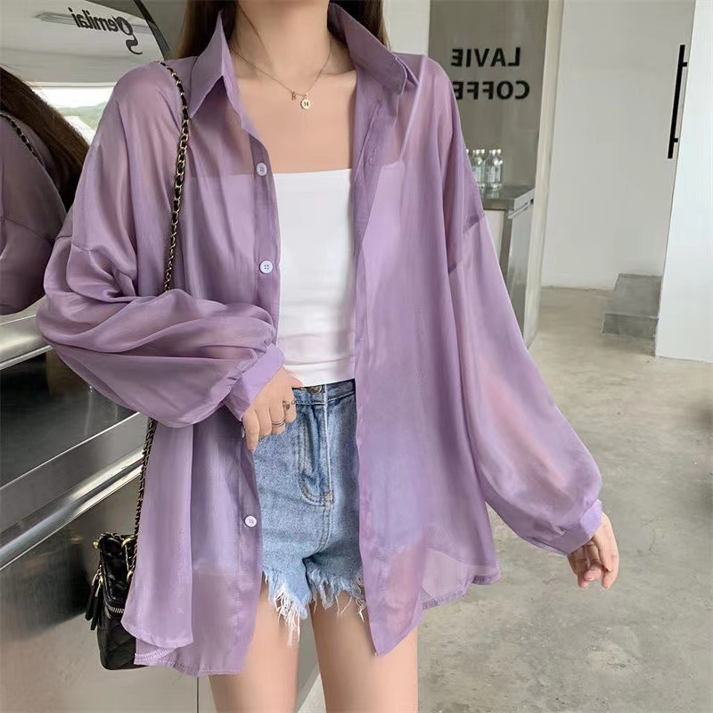 Pearlescent Shirt Women's 2023 Summer Design Sense Thin Micro-transparent Long-sleeve Chic Casual Loose Shirt