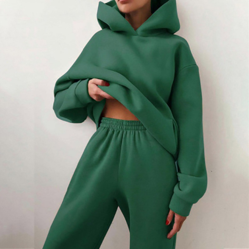 European and American Autumn and Winter Loose Fleece-Lined Thickened Women's Suit Sports Leisure Fashion Solid Color Hooded Sweater Tut Pants Suit