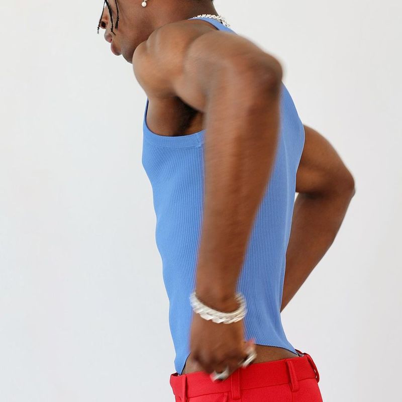 Spot New European and American Irregular Design Solid Color Tight Top Men's Casual Stretch Knitted Sleeveless I-Shape Vest