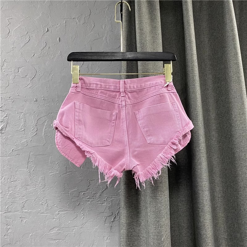 2024 New Women's Clothing Korean Style Distinctive Low Waist Pink Denim Shorts Distinctive Pocket Wide Leg Hot Pants A- line Pants