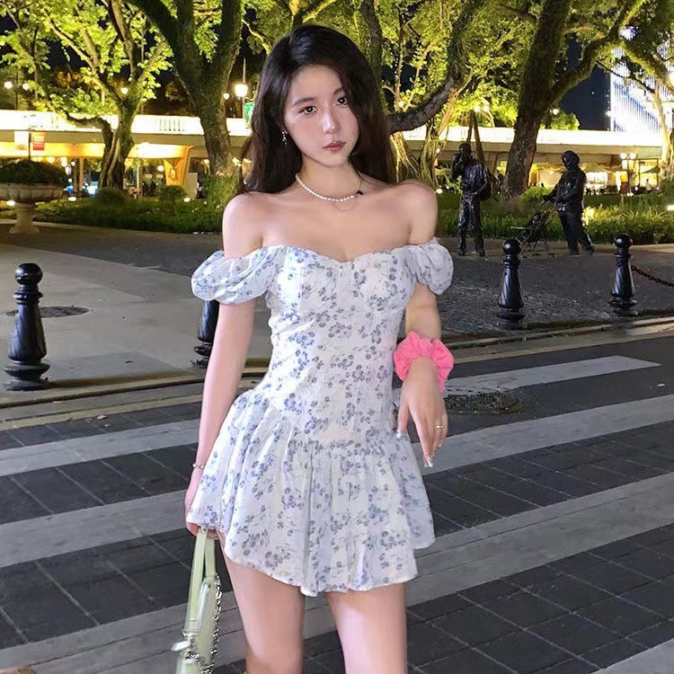 French Style Pure Desire Puff Sleeve Floral Dress Women's Summer New French Sweet and Spicy Style Tight Waist Off-shoulder Short Dress