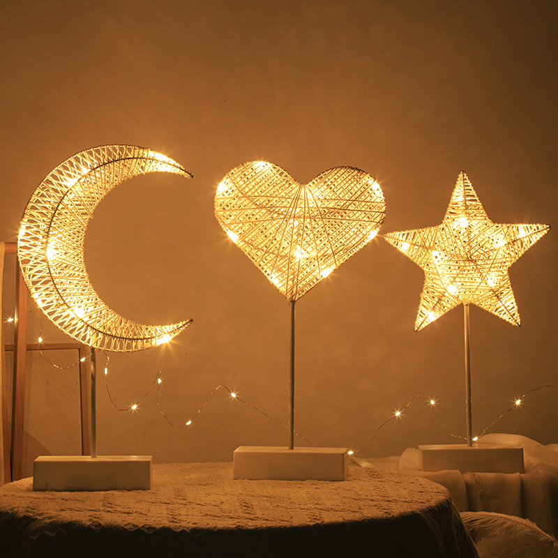 LED rattan night light star and moon shaped table lamp romantic room decoration hollow rattan star and moon night light