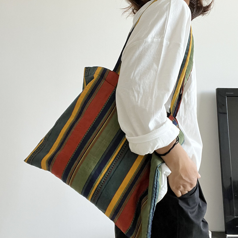 Niche ins Vintage Contrast Color Rainbow Stripe Shoulder Bag Thin Lazy Cotton Linen All-match Large Capacity Canvas Women's Bag