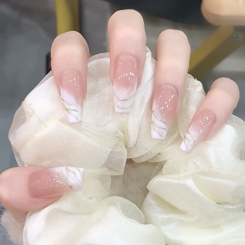 Gentle white fairy nail line pink white gradient wear nail piece fake nail long ballet nail finished product