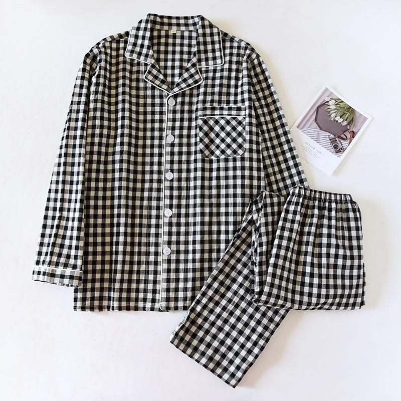 Japanese Style Plaid Couple Pajamas Women's Spring and Autumn Pure Cotton Cotton Thin Summer Men's Autumn and Winter Long Sleeve Home Suit