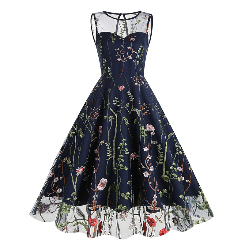 Amazon Europe and the United States cross-border round neck sleeveless heavy embroidery dress 50s dress 8065