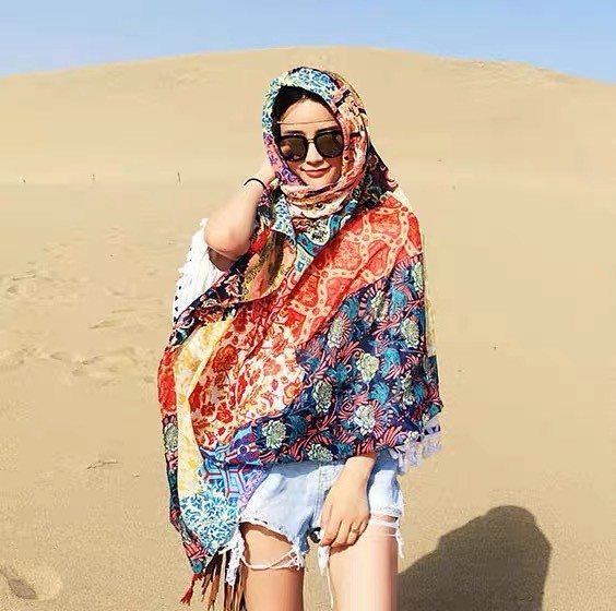 Cross-border new color printed tassel scarf bohemian style stitching shawl seaside travel vacation sun protection