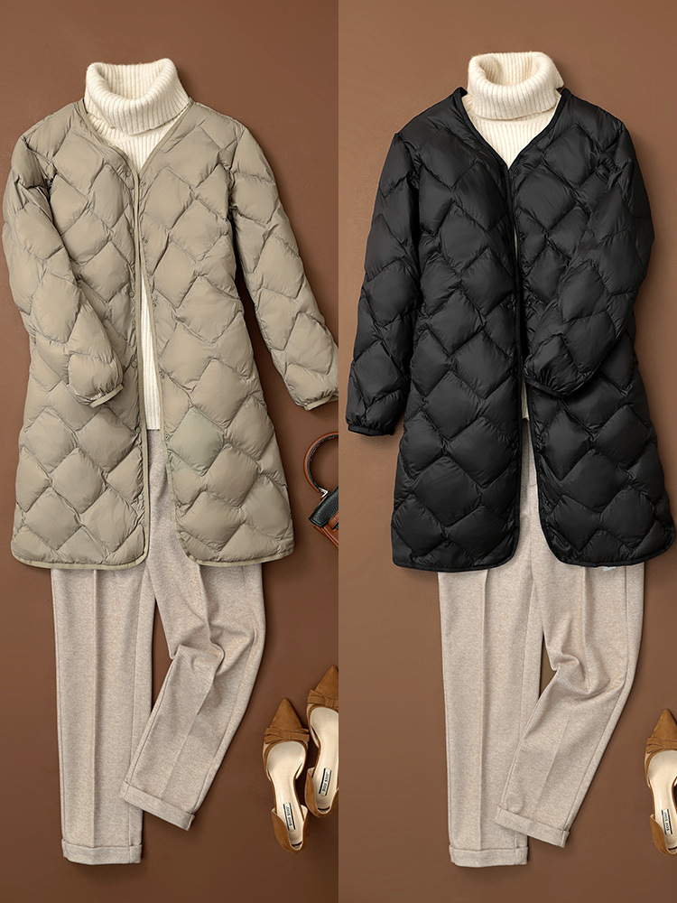 Cross-border lightweight down jacket Women's Mid-length autumn and winter New V-neck long Korean style coat collarless liner trendy off-season