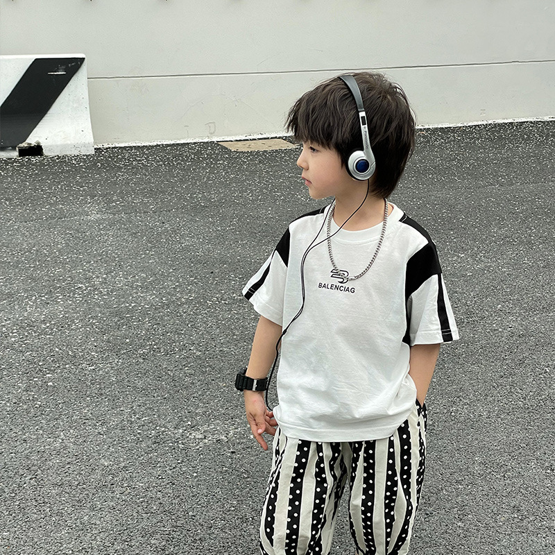 Boys' Summer Short-sleeved T-shirt New Children's Wear European and American Style Children's Color-matching Distinctive Round Neck Half-sleeved Fashionable Mid-Big Children