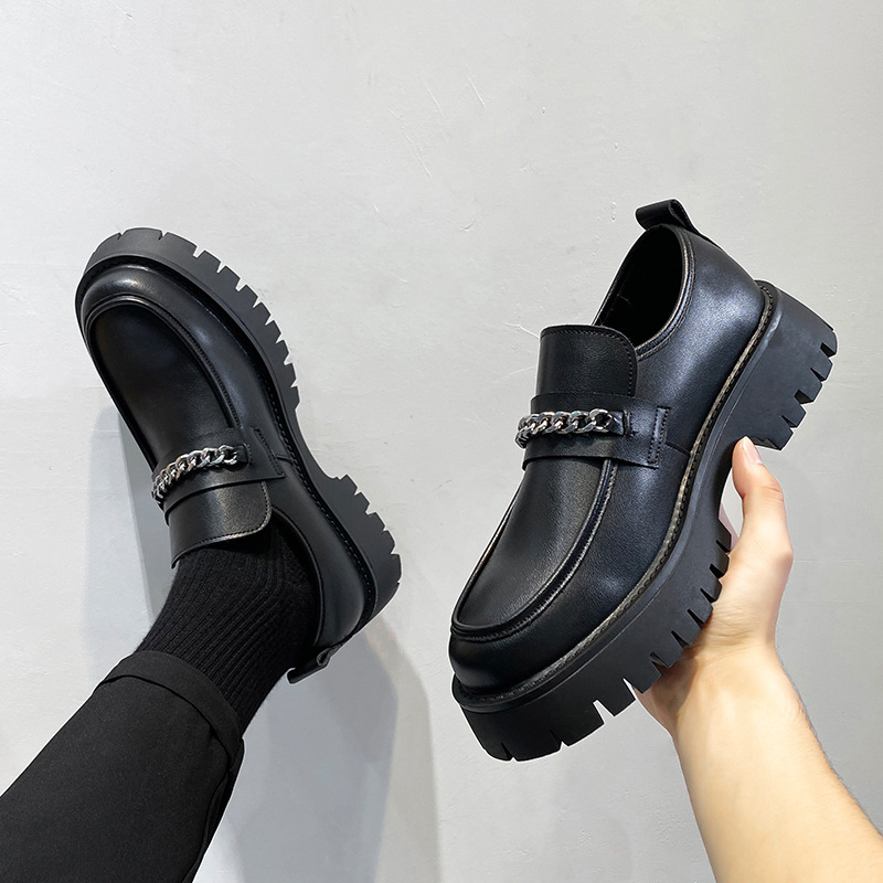 Lefu Ayakkabı Erkek 2021 Yeni Kalın Tabanlı Deri Ayakkabı İngiliz Tarzı Artırılmış Yuvarlak Burunlu Slip-on Lazy Ayakkabı 2137-T_voghion.com