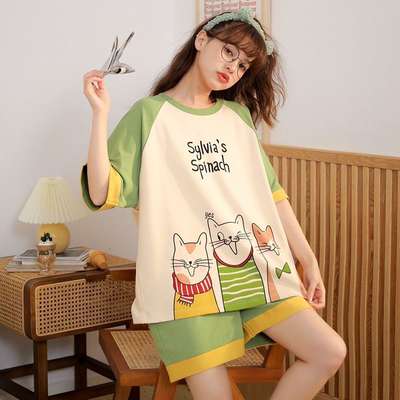 Women's Pajamas Short-sleeved Summer Shorts Set Women's Cartoon Loose Cute Casual Simple Korean-style Contrast Color Home Clothes