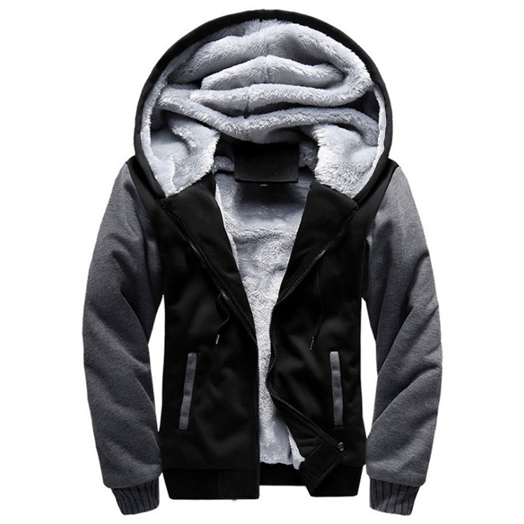 Cross-border foreign trade Winter New Sports European and American men's thick sweater fleece-lined zipper cardigan color matching hooded coat for men