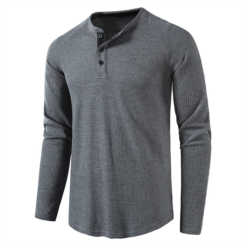 2023 Autumn and Winter Cross-border Foreign Trade Men's Solid Color Waffle Henry Shirt European and American Men's Wear Long Sleeve T-shirt Wholesale