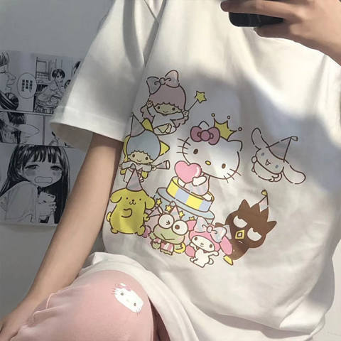 Japanese cartoon print short-sleeved T-shirt for women  summer clothing versatile loose girl trendy cute half-sleeved tops ins